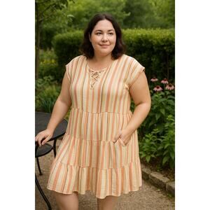 Lane Bryant Striped front lace up knee length tiered dress 100% cotton size 16